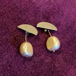 Gold brass dual drop half moon post back earrings